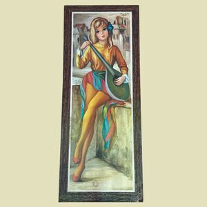 Vtg Jean Maio Harlequin Girl with Mandolin Big Eyed Litho Wall Art USA  Damage